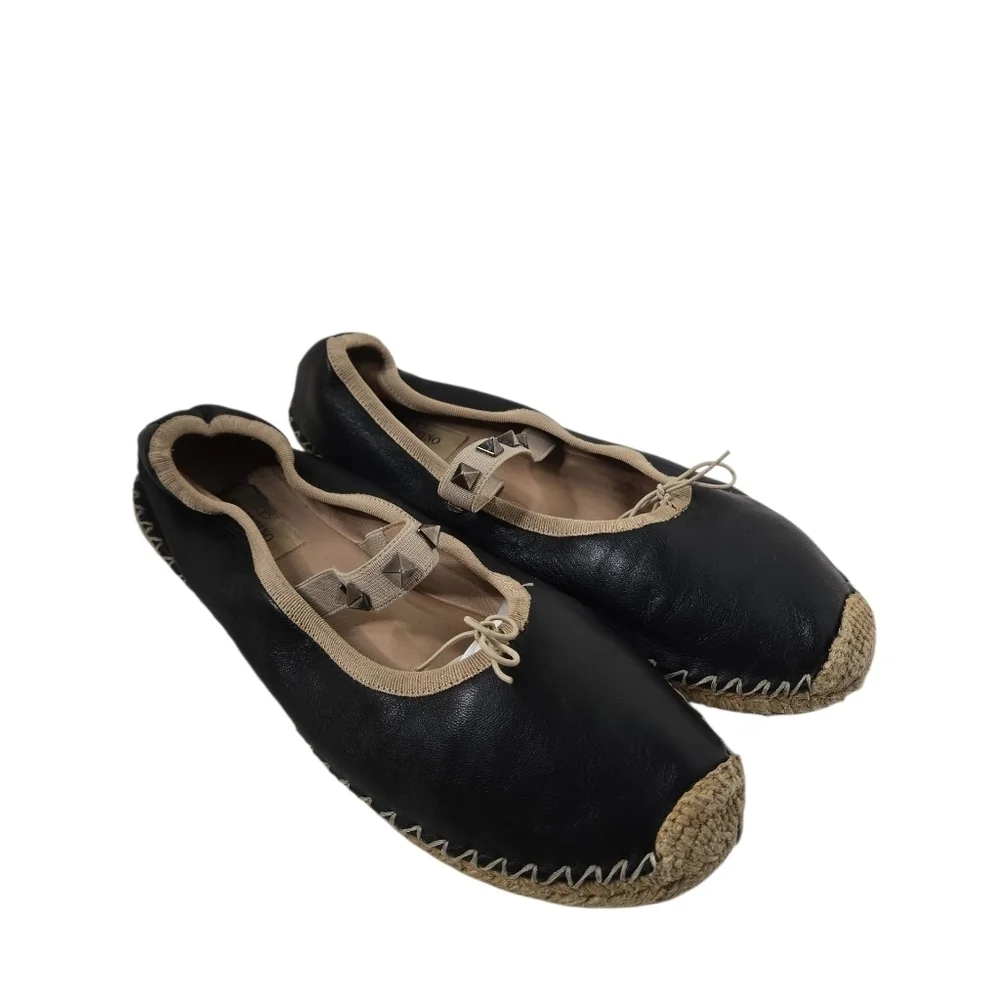 Valentino Garavani Black rockstud leather ballerina flat espadrilles  Size 39